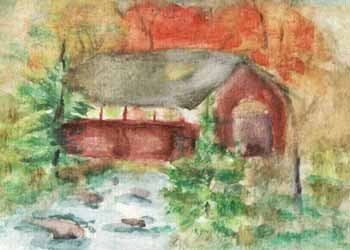 "Covered Bridge by Tom Petri, Greendale WI - Watercolor & matte medium, SOLD